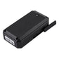 Black GPS vehicle tracker with side ports and mounting clip on back edge