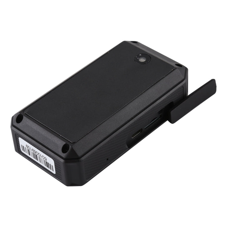Black GPS vehicle tracker with side ports and mounting clip on back edge