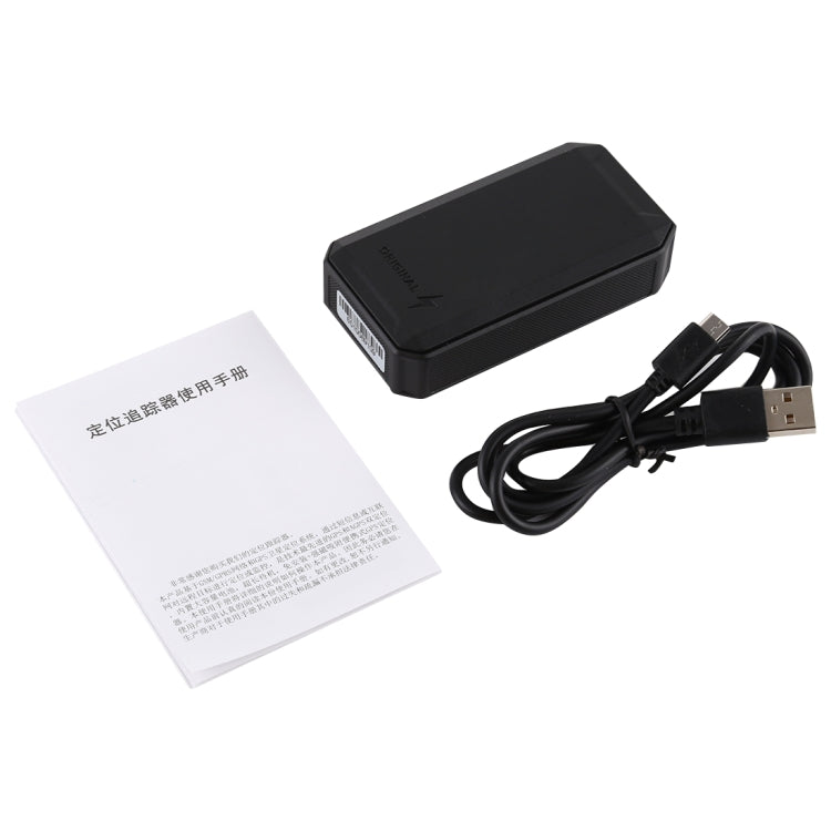 Black GPS vehicle tracker with USB cable and instruction sheet