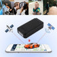 Black GPS vehicle tracker centered above a smartphone display