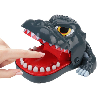 Gray and red cartoon dinosaur bite toy with open mouth and white teeth