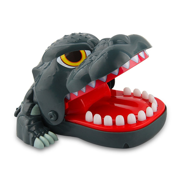 Gray dinosaur bite toy with big eye and red open jaw tray with white teeth
