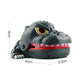 Gray dinosaur bite toy close-up with red base and white teeth, size shown