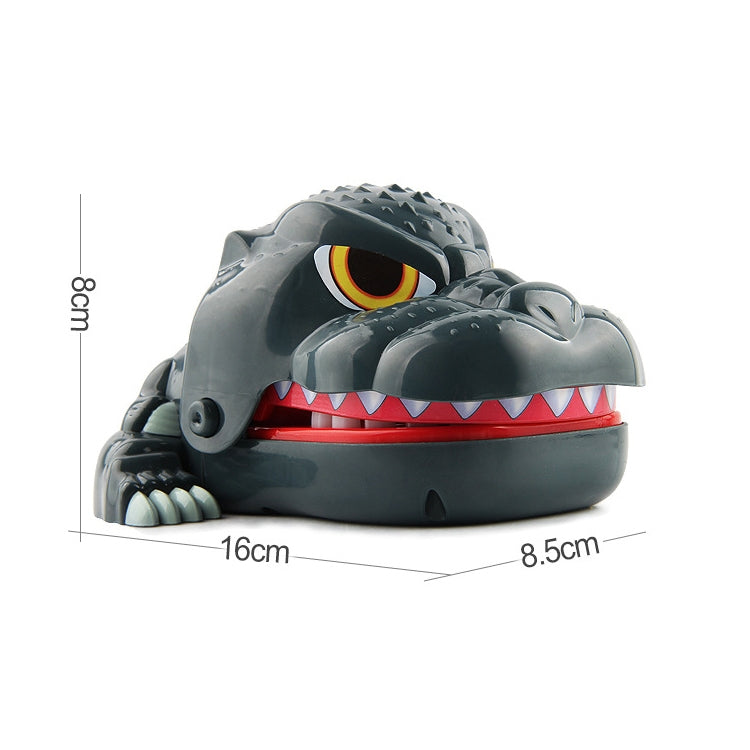 Gray dinosaur bite toy close-up with red base and white teeth, size shown