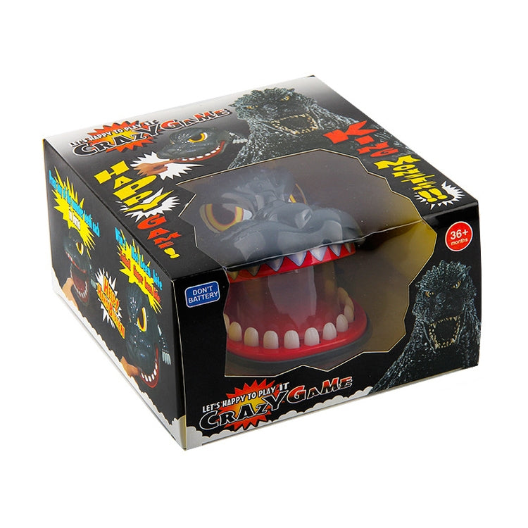 Dinosaur bite toy retail box with gray dinosaur face and red open mouth