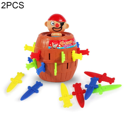 Pirate barrel tabletop toy with cartoon pirate figure and colorful plastic sword pegs