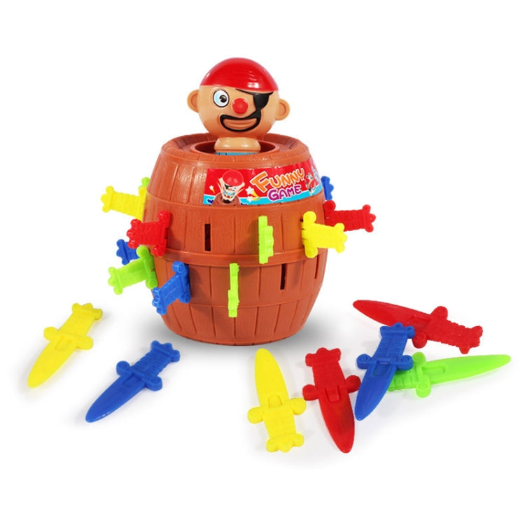Pirate barrel tabletop toy with pirate character and multicolor sword pieces