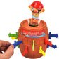 Pirate barrel game toy with red-capped figure and removable multicolor swords