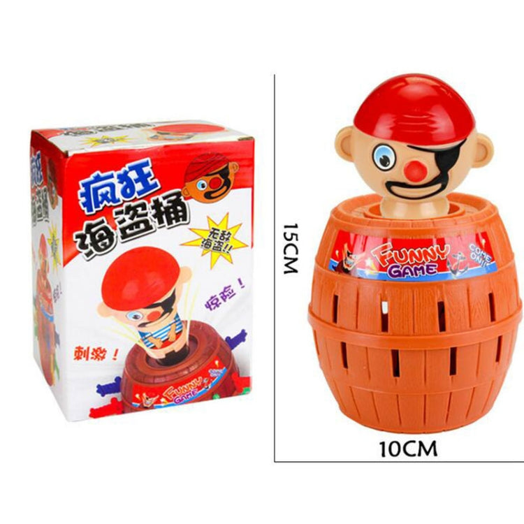 Boxed pirate barrel game toy with red-capped pirate figure and colorful sword pieces
