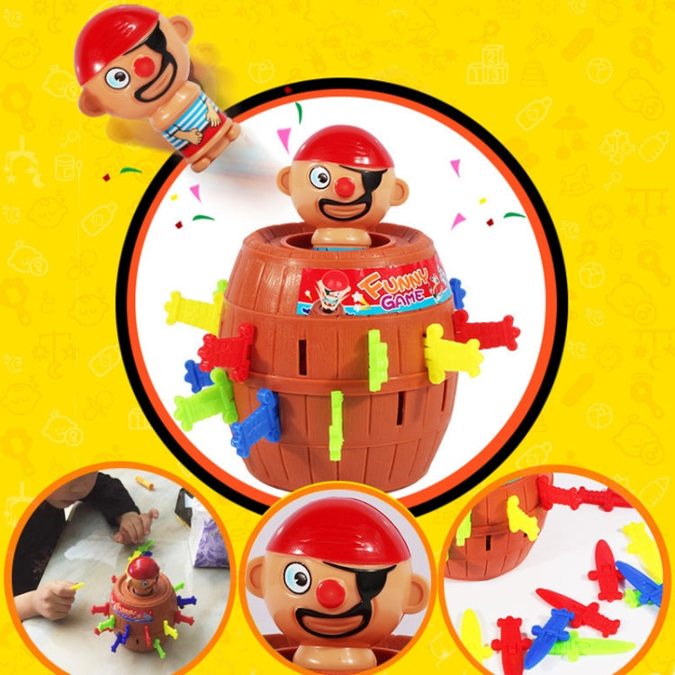 Pirate barrel game toy with red-capped pirate figure and multicolor sword pegs