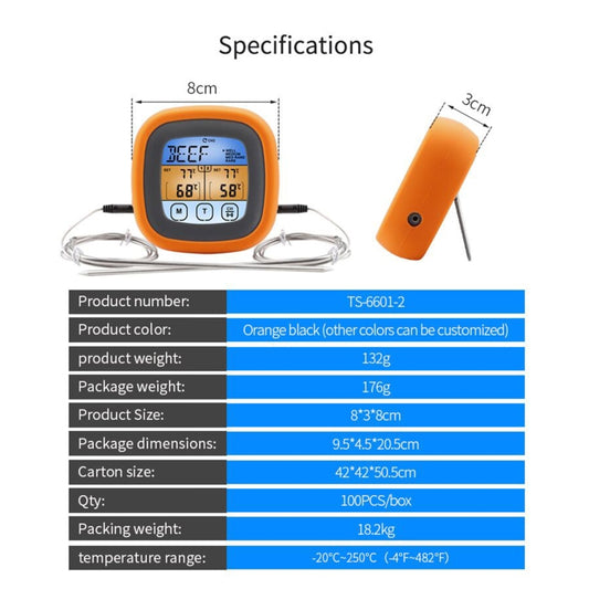 Compact digital double-probe thermometer with orange body and LCD display