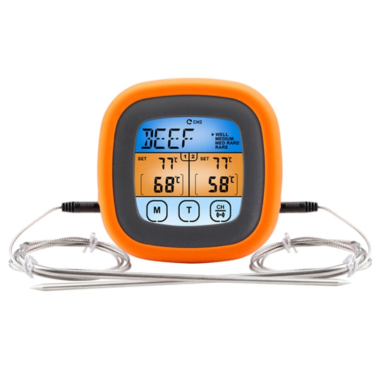 Orange-and-black digital food thermometer with two probe wires and LCD screen