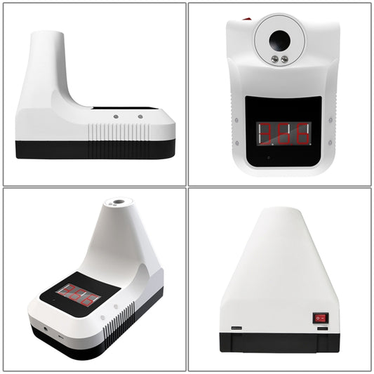 White infrared forehead thermometer shown from multiple angles with red display