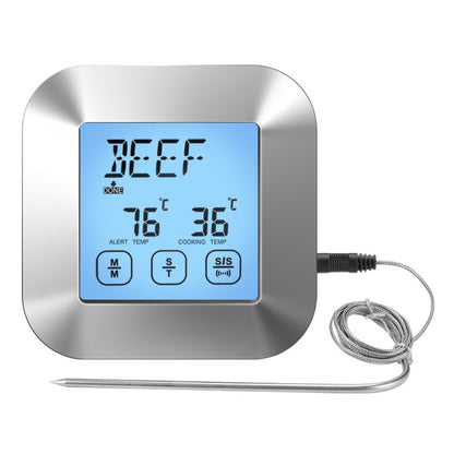 Digital wireless touch-screen thermometer with display and metal probe in brushed housing