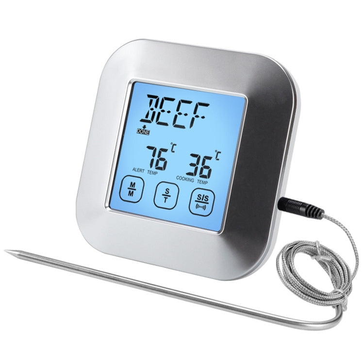 Wireless touch-screen cooking thermometer with blue display, probe, and coiled lanyard wire
