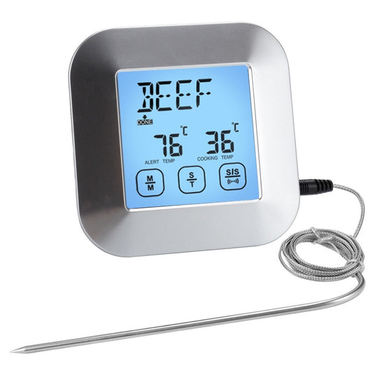 Touch-screen wireless cooking thermometer with blue display and long metal temperature probe