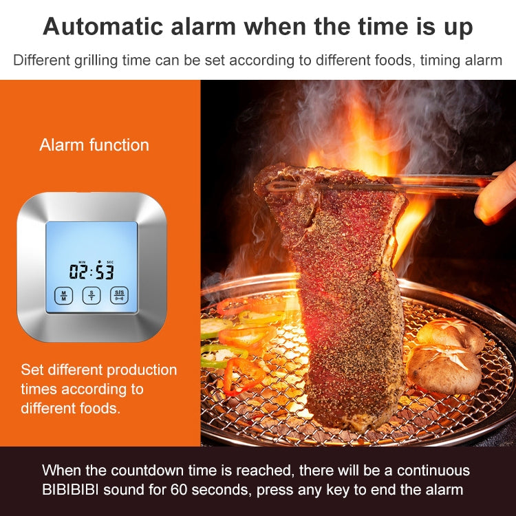 Cooking timer alarm thermometer with touch display and attached metal probe