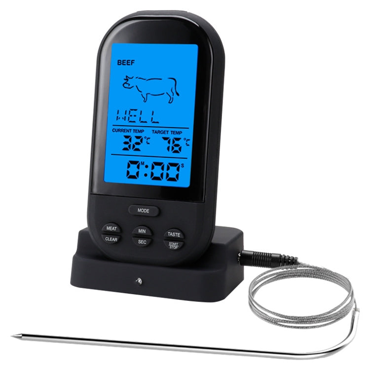 Black digital wireless food thermometer with screen showing beef target temp and probe wire