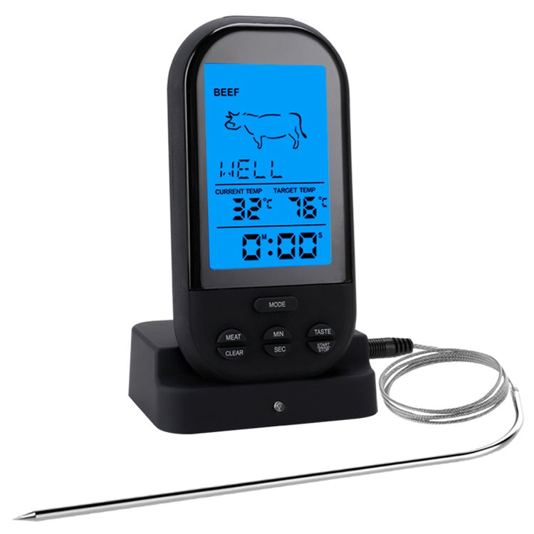 Black digital wireless food thermometer on stand with beef readout and connected probe wire