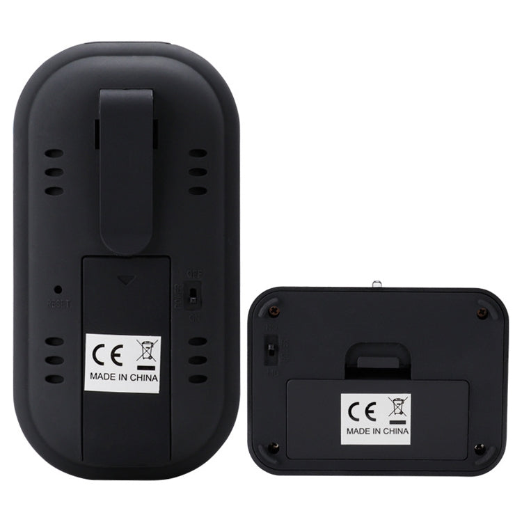 Back view of black digital wireless food thermometer with stand and probe connection ports