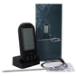 Black digital wireless food thermometer with LCD display and stainless probe on charging stand