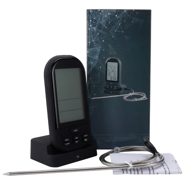 Black digital wireless food thermometer with LCD display and stainless probe on charging stand