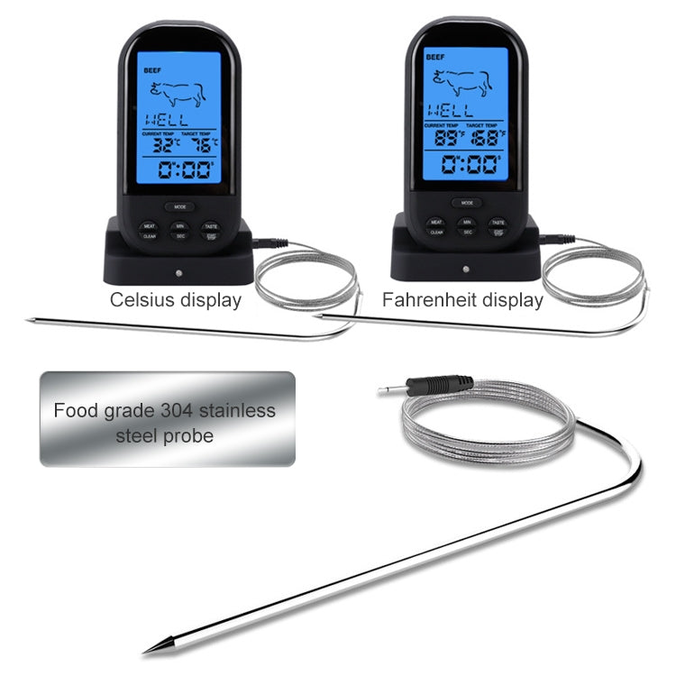 Two black digital wireless thermometers showing Celsius and Fahrenheit with stainless probe