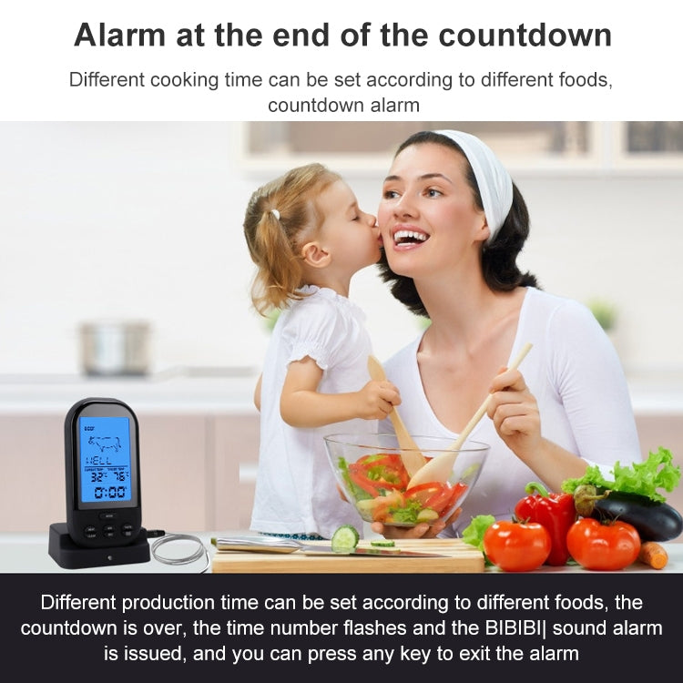 Black digital wireless food thermometer with LCD screen and probe cable