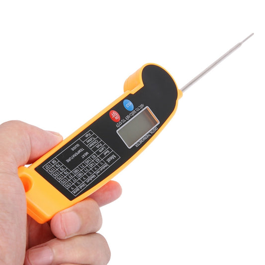 Yellow waterproof digital probe thermometer with LCD screen and metal sensor tip
