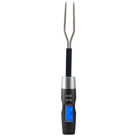 Double-fork kitchen thermometer with blue backlit display and black handle