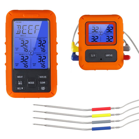 Wireless four-probe kitchen thermometer with orange handheld display (non-waterproof probes)