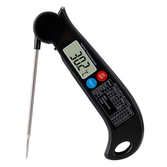 Black digital foldable probe thermometer with long stainless probe and LCD display
