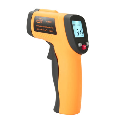 Infrared thermometer gun in orange and black with LCD reading 31.8°C.