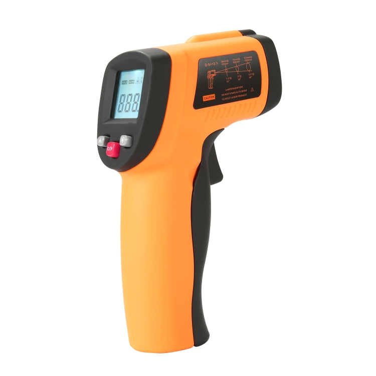 Infrared thermometer gun in orange and black with side LCD display panel.