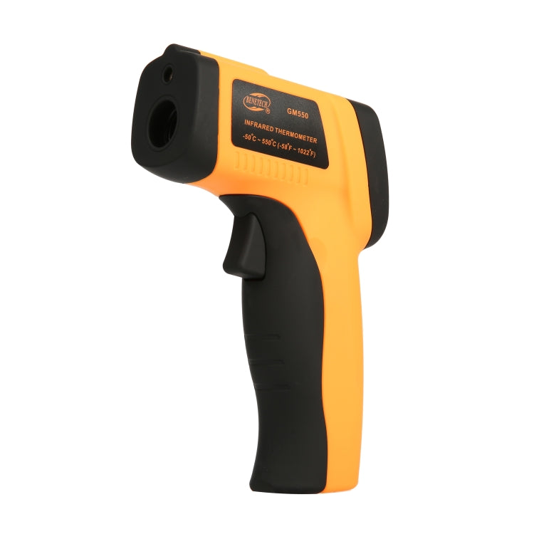 Infrared thermometer gun with orange top label and black grip handle.