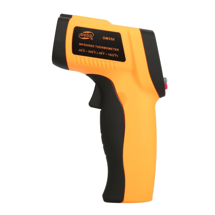 Orange and black infrared thermometer gun with trigger-style grip and label.