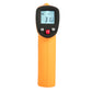 Handheld infrared thermometer with orange body, black buttons, and LCD display.