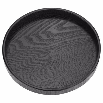 Black round solid wood tea tray with raised rim and visible woodgrain texture, 30cm
