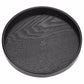 Black round wood tea tray, dark finish with subtle woodgrain and raised outer edge