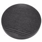 Black round wood tea tray with dark lacquer sheen and strong linear woodgrain pattern
