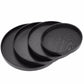 Overlapping black round wood serving trays, nested stack with raised borders