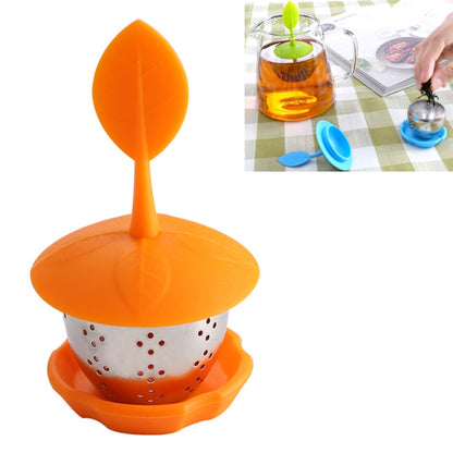 Orange silicone hanging tea bag strainer with stainless perforated basket and tray
