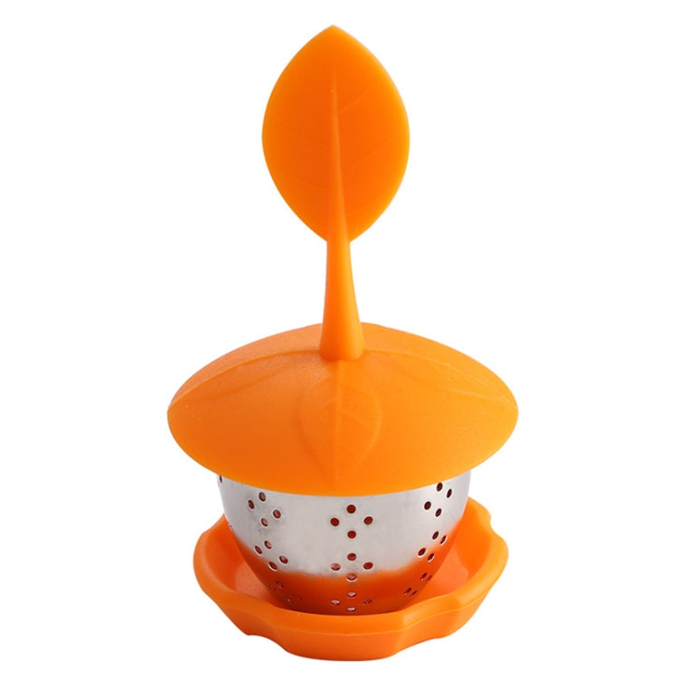 Orange silicone hanging tea bag strainer with perforated stainless tea basket and base