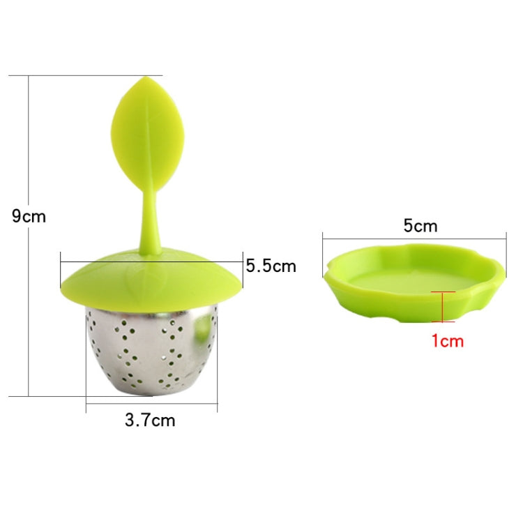 Green silicone hanging tea bag strainer with stainless perforated basket and drip tray