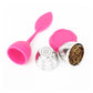 Pink silicone hanging tea bag strainer with stainless perforated basket and lid-like leaf