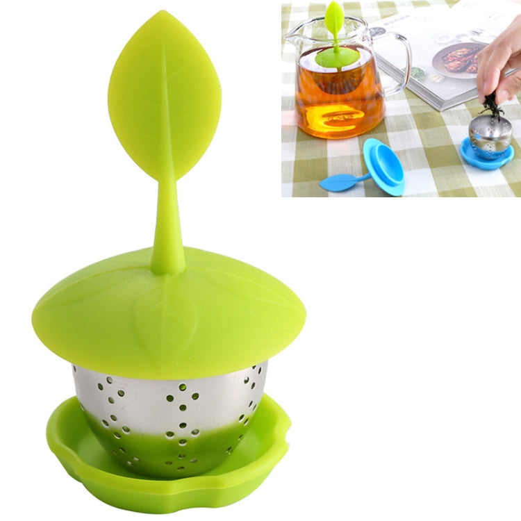 Light green silicone hanging tea bag strainer with stainless perforated basket and tray