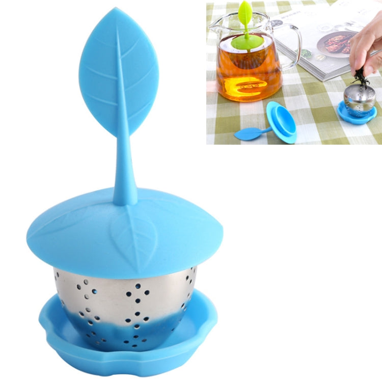 Blue silicone hanging tea bag strainer with stainless perforated basket and base tray