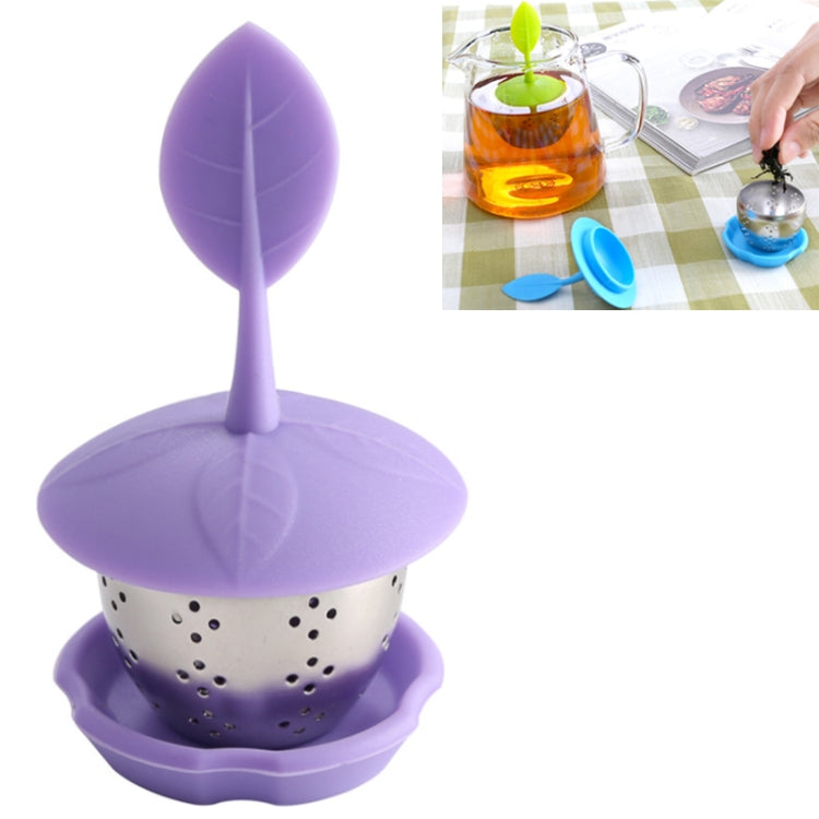 Purple silicone hanging tea bag strainer with stainless perforated basket and drip tray