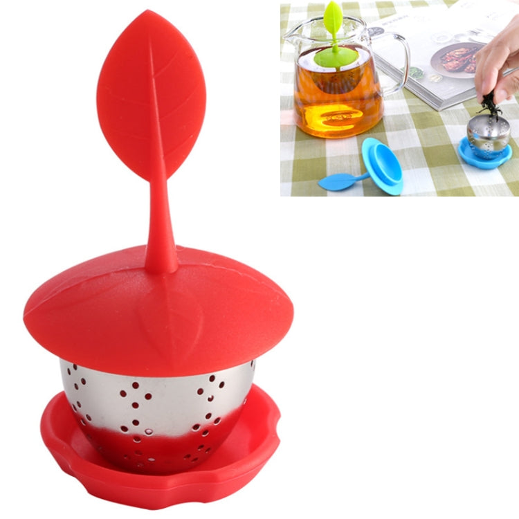 Red silicone hanging tea bag strainer with stainless steel mesh insert and drip tray