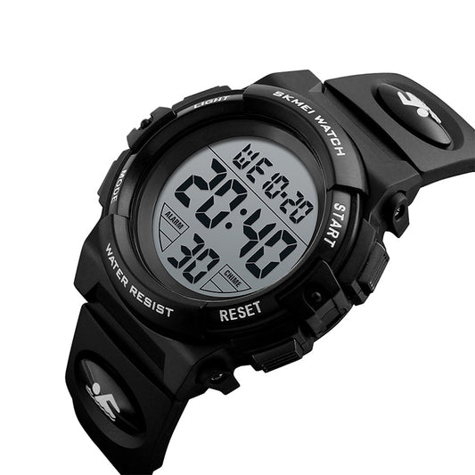 Black digital sports wrist watch with angled case and dark segmented display